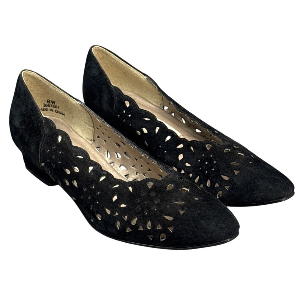 Garolini Vintage Black Suede Scalloped Die-Cut floral Flat Dress Shoe Women 8W